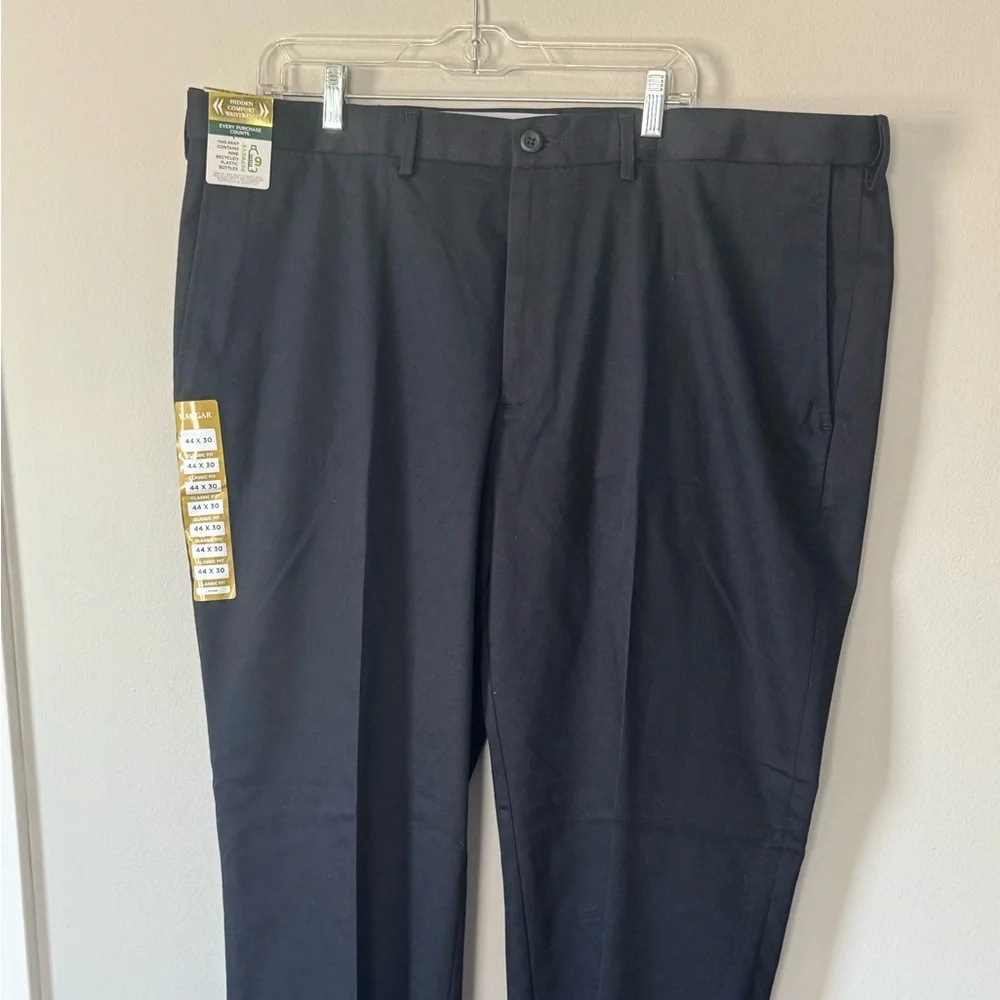 Haggar Khaki Performance Pants Mens 44x30 Navy Classic Fit Flat Front NEW